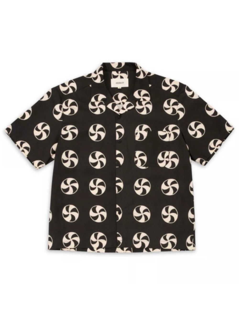 Men's Heresy Black Short-Sleeve Button-Down Shirt with Cream Graphic Print